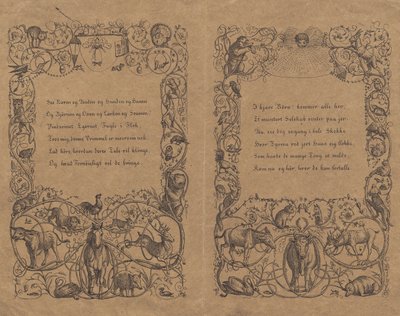 Duas capas com enfeite de corrente em loop com animais para "Halfhundred Fables for Children" com letras de Martinus Rørbye