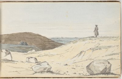 Vista sobre uma paisagem de charnecas ou dunas. Em primeiro plano algumas grandes colinas; em um deles está um homem olhando para a planície de Martinus Rørbye