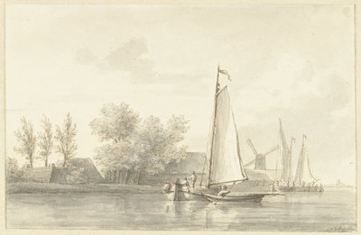 Vista para o rio com veleiro e barco a remo de Martinus Schouman