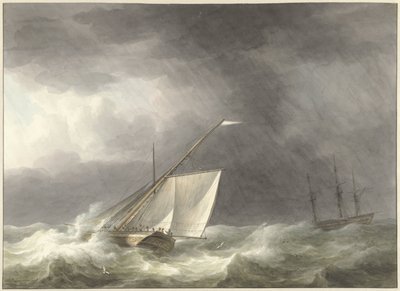 Dois veleiros em um mar turbulento de Martinus Schouman
