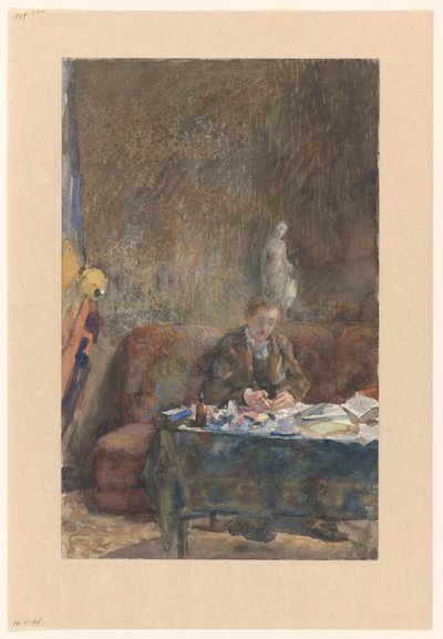 Interior com o homem a escrever no sofá atrás da mesa de Martinus van Andringa