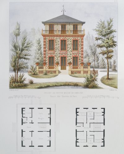 Projeto para uma pequena casa de campo perto de Paris, gravada por Walter, placa 18 da Arquitetura Pittoresque et Moderne de Marty