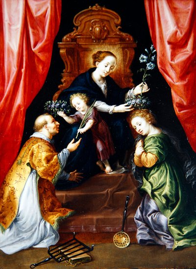 A Virgem e o Menino com Santa Isabel e Lourenço de Roma (óleo sobre painel) de Martyn and Brueghel Jan the Younger Pepyn