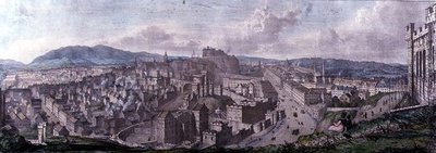 Vista do topo da Colina Calton pelo Monumento Looking West de Nelson, gravado por William Westall (1781-1850) e impresso por Charles Joseph Hullmandel (1789-1850) 1828 (gravura a cores) de Mary (after) Stuart