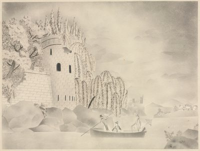A Torre Solitária (Castelo num rio com salgueiros e um barco) de Mary Altha Nims
