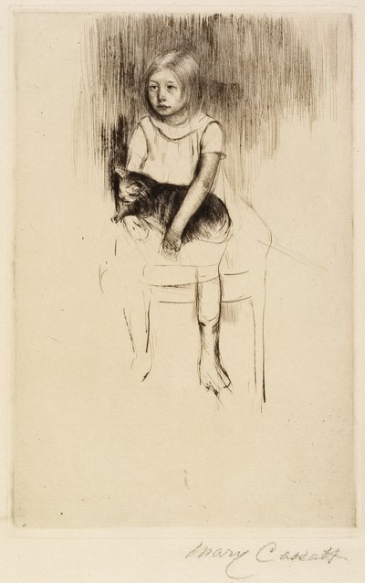Ellen segurando um gato, olhando para a esquerda, c. 1887 de Mary Cassatt