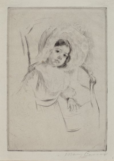 Margot com o Bombom em forma de Floppy Bonnet Encostada a uma Cadeira, c. 1902. de Mary Cassatt