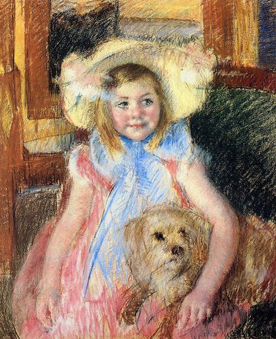 Sara em um grande chapéu florido, olhando para a direita, segurando seu cachorro, c.1901 (pastel sobre papel) de Mary Cassatt