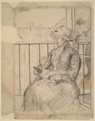 Susan numa varanda segurando um cão [recto] de Mary Cassatt