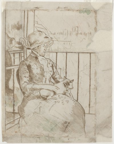 Susan em uma varanda segurando um cachorro [verso], c. 1883. de Mary Cassatt