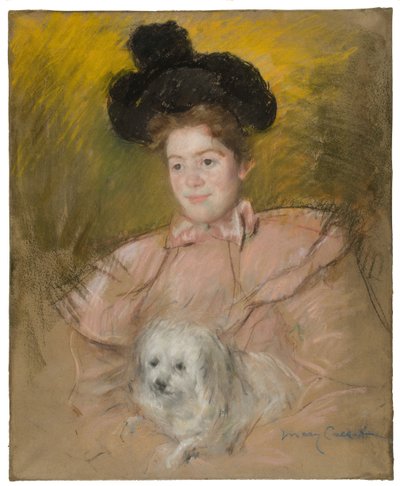 Mulher em Raspberry Costume Holding a Dog, c. 1901. de Mary Cassatt