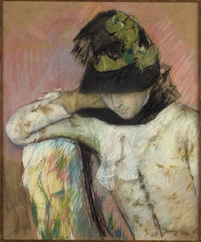 Jovem com um gorro preto e verde, a olhar para baixo de Mary Cassatt