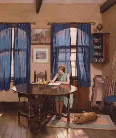 Interior com uma mulher artista a pintar numa mesa de pernas de porta de Mary Dawson Elwell