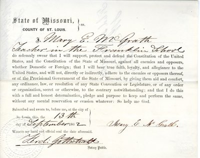Juramento de lealdade de Mary E. McGrath do Missouri, Condado de St. Louis de Mary E. McGrath