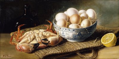 Um caranguejo e uma tigela de ovos em uma cesta, com uma garrafa e meio limão de Mary E. Powis