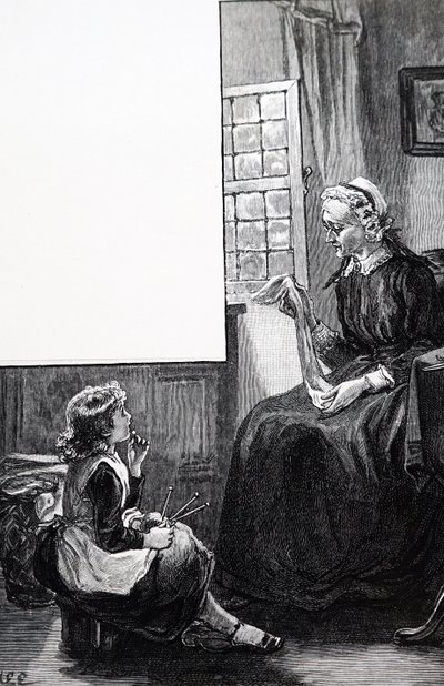 Uma avó a examinar os esforços da criança para tricotar de Mary Ellen Edwards