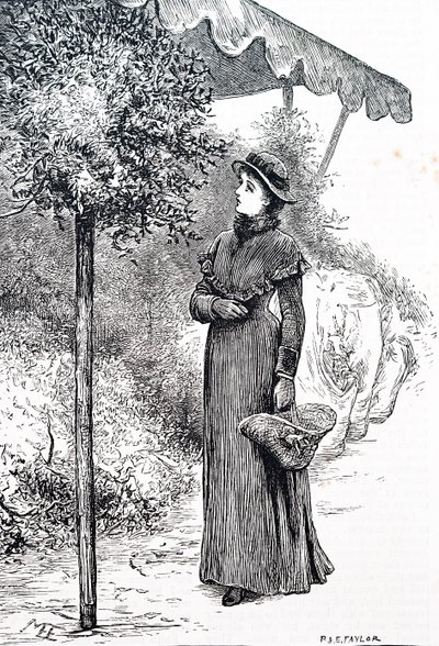 Uma mulher a comprar azevinho para usar nas decorações de Natal. Por Mary Ellen Edwards (1838-1934) uma artista inglesa de Mary Ellen Edwards