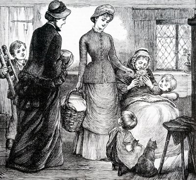 Uma mulher a dar presentes a um pobre coabitante. Por Mary Ellen Edwards (1838-1934) uma artista inglesa de Mary Ellen Edwards