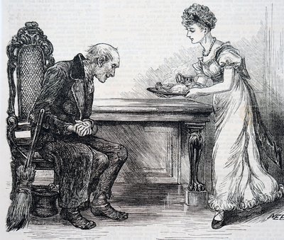 Uma mulher a dar um jantar quente ao varredor da travessia. Por Mary Ellen Edwards (1838-1934) uma artista inglesa de Mary Ellen Edwards