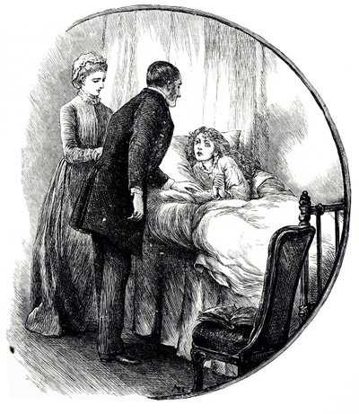 Uma gravura que representa um médico a visitar o seu jovem paciente em casa. Ilustrada por Mary Ellen Edwards (1838-1934), artista inglesa e ilustradora prolífica de livros infantis. de Mary Ellen Edwards