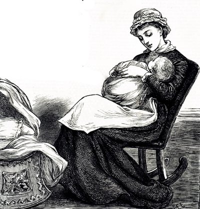 Uma gravura a representar uma mãe a abanar o seu bebé. Ilustrada Mary Ellen Edwards (1838-1934), artista inglesa e ilustradora prolífica de livros infantis. de Mary Ellen Edwards