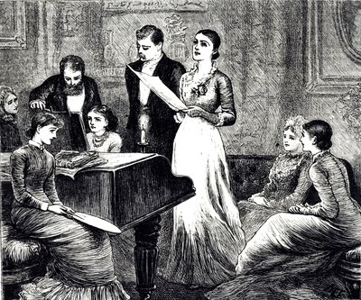 Uma gravura que retrata uma noite musical. Ilustrado por Mary Ellen Edwards (1838-1934), artista e ilustradora inglesa de livros infantis. de Mary Ellen Edwards