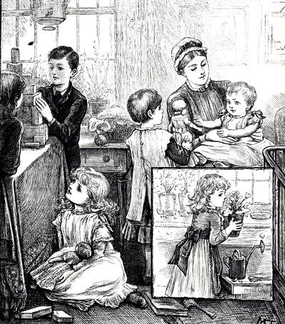 Uma gravura que retrata uma cena regular de uma família vitoriana rica. Na imagem principal, as crianças estão sendo vigiadas por sua babá enquanto brincam com tijolos de construção. A imagem do encarte mostra uma pequena menina colocando uma planta em vas de Mary Ellen Edwards