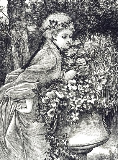 Uma gravura que representa uma jovem rapariga a cheirar a flores, alojada numa urna de jardim. Ilustrada por Mary Ellen Edwards (1838-1934), artista e ilustradora inglesa de livros infantis. de Mary Ellen Edwards