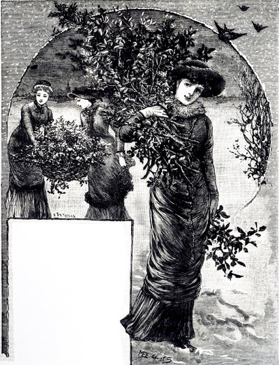 Uma gravura que representa a colecção de azevinho e sempre-verde para decoração de Natal. Ilustrada por Mary Ellen Edwards (1838-1934), artista e ilustradora inglesa de livros infantis. de Mary Ellen Edwards