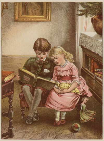 Menino e menina lendo livro (chromolitho) de Mary Ellen Edwards
