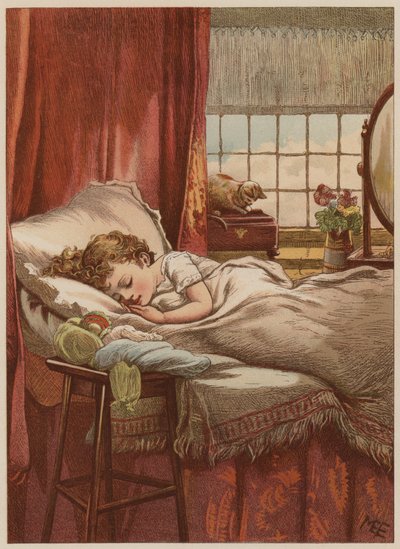 Criança dormindo na cama (chromolitho) de Mary Ellen Edwards