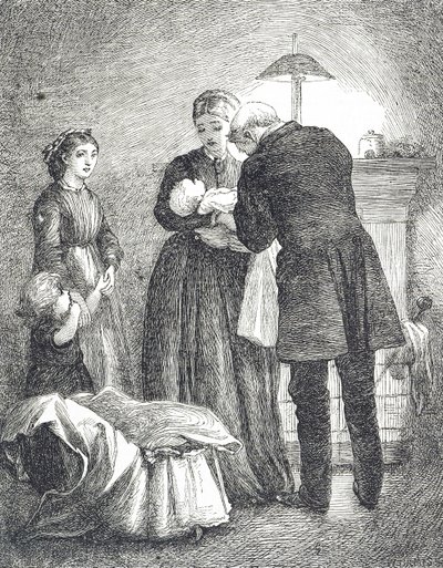 Gravura representando um médico examinando um bebê com sarampo de Mary Ellen Edwards