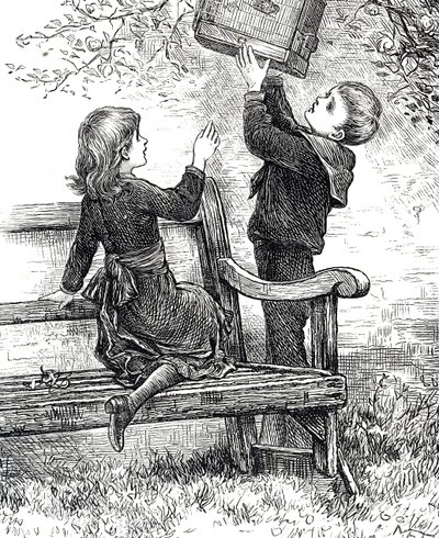 Gravura representando crianças com seu pardal de estimação em sua gaiola de Mary Ellen Edwards