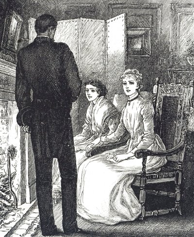 Gravura retratando duas mulheres mantendo-se quentes ao lado da lareira de Mary Ellen Edwards