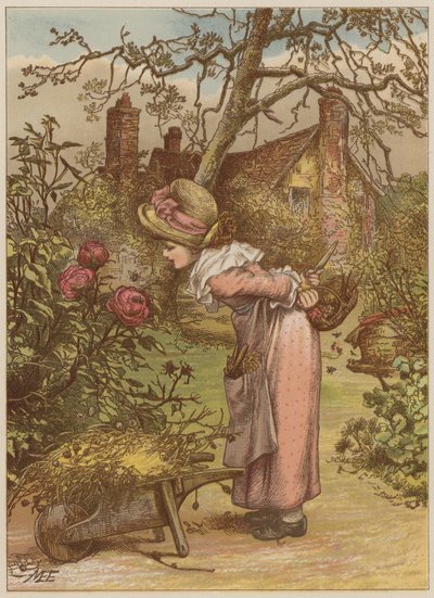 Menina, observar, abelha, jardim, (chromolitho) de Mary Ellen Edwards