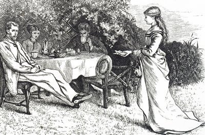 Ilustração de uma família a tomar o pequeno-almoço no jardim de Mary Ellen Edwards