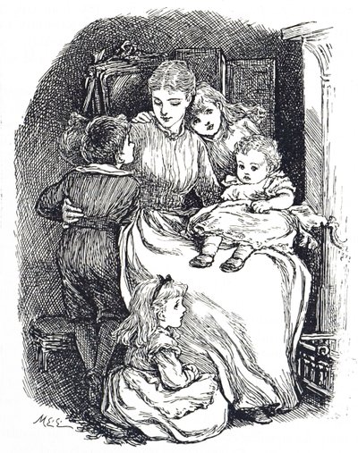 Ilustração retratando uma mãe com seus filhos de Mary Ellen Edwards