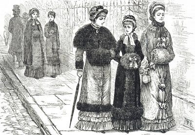 Ilustração retratando mulheres jovens com abafadores, para manter as mãos quentes durante o tempo mais frio de Mary Ellen Edwards