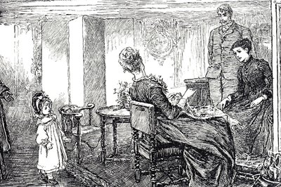 Ilustração de uma menina sendo cuidada por suas tias e tio por uma tarde de Mary Ellen Edwards