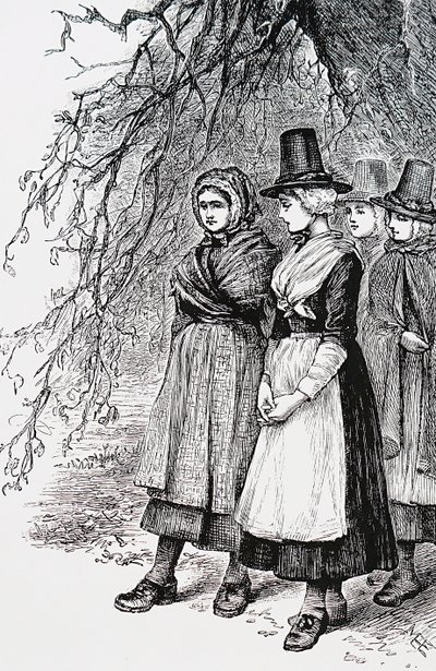 Meninas galesas numa feira de Hollantide, uma feira de contratações, à espera de serem contratadas como empregadas domésticas de Mary Ellen Edwards
