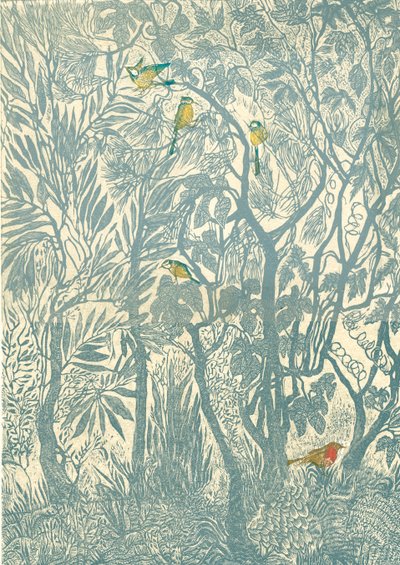 Observação de aves a partir da janela da cozinha: robin, 2012 (gravação em vinil, impressão em relevo) de Mary Kuper
