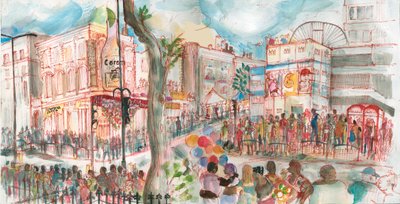 Carnaval, Ladbroke Grove, 2017 (caneta e aguarela) de Mary Kuper