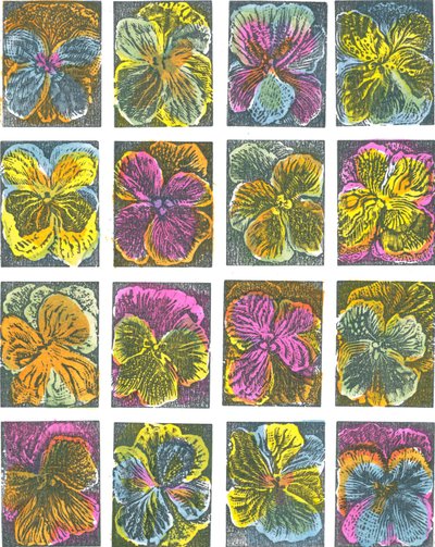 Pansies eléctricos, 2016 (gravura em vinil, pochoir) de Mary Kuper