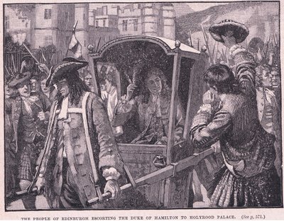 O povo de Edimburgo escoltando o duque de Hamilton até o Palácio de Holyrood em 1706 de Mary L. Gow