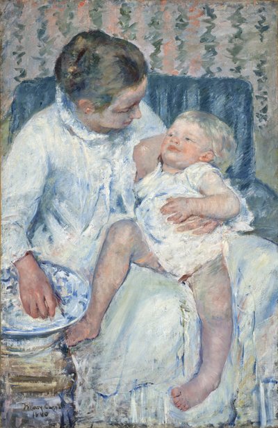 Mãe prestes a lavar seu filho sonolento de Mary Stevenson Cassatt