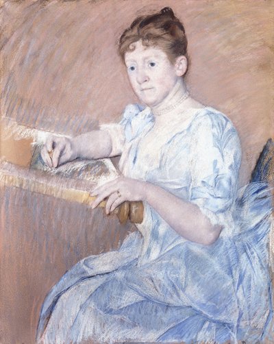 Sra. Alexander J. Cassat em um vestido de noite azul sentado em uma moldura de tapeçaria, de Mary Cassatt