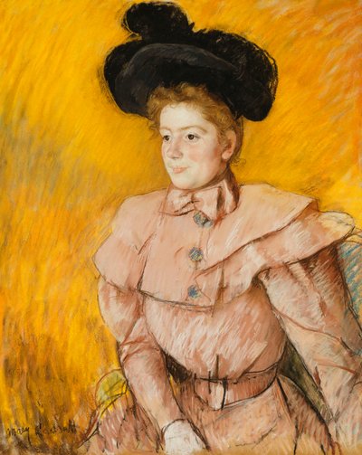 Mulher de chapéu preto e traje de framboesa rosa, c.1899 de Mary Cassatt