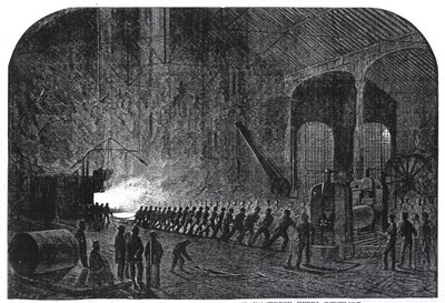 Processo de laminação de armaduras para os navios de Sua Majestade na Alas Steelworks, Sheffield, ilustração de "The Illustrated London News", 14 de setembro de 1861 de Mason Jackson