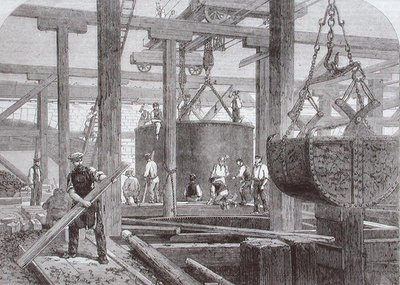 Vista dos trabalhos de construção na Ponte Blackfriars para a London, Chatham e Dover Railway mostrando o afundamento de um cilindro para um dos pilares de pedra circular de Mason Jackson