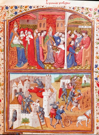 Prólogo: o autor apresenta seu livro ao Duque de Berry e cena do massacre de lavradores Miniatura tirada de "Casos de homens e mulheres nobres infelizes" (De casibus) de Giovanni Boccaccio dit Jean Boccace (1313-1375), escritor italiano, traduzido por La de Master Dunois